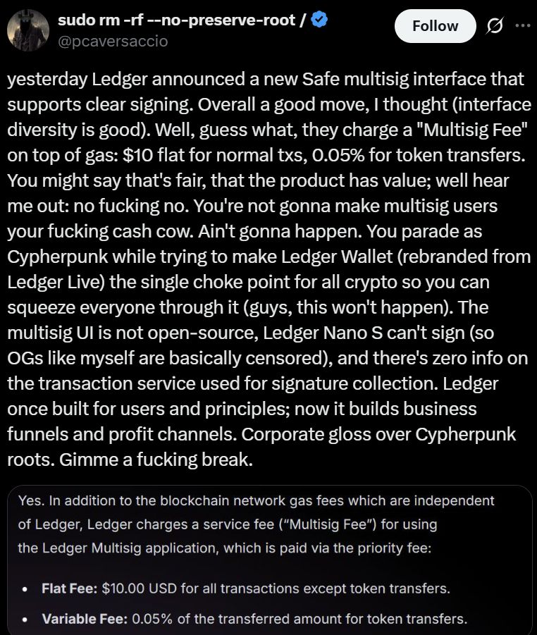 Ledger обвинили в попытке монетизировать мультисиг-интерфейс повышенными комиссиями image 0