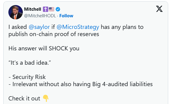 Saylor says onchain proof-of-reserves a ‘bad idea’ due to security risks image 0