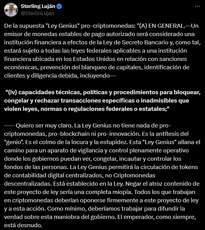 «Ley GENIUS no es lo que parece; allana la vigilancia y el control»: Gladstein image 1