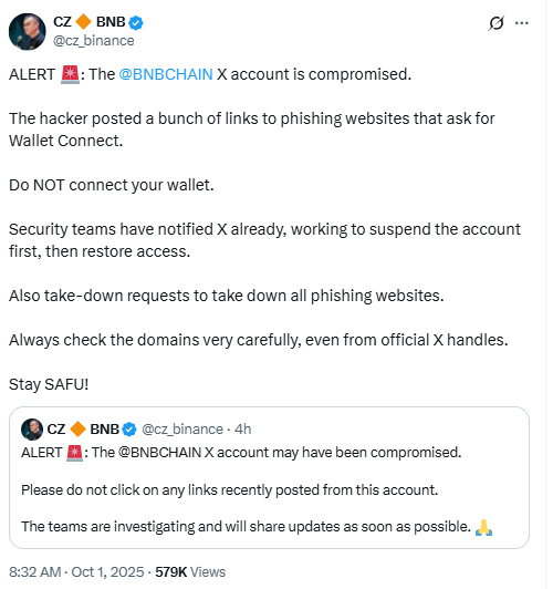 BNB Chain’s X account hacked; CZ warns of phishing links image 1