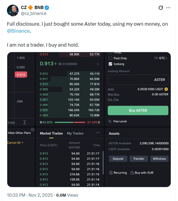 CZ买入ASTER代币，流动性寒冬下山寨币成资金避难所？ image 0
