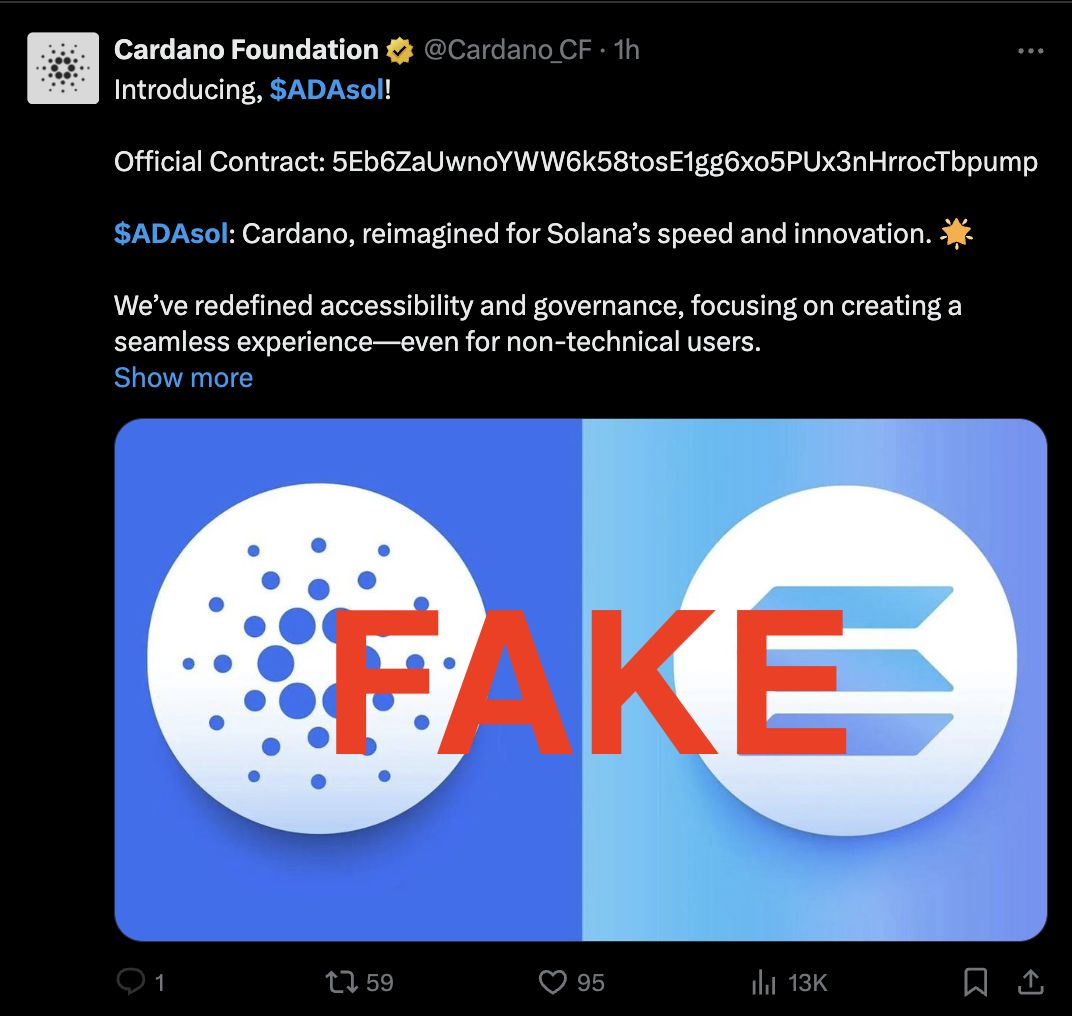 Compte X de la Fondation Cardano piraté publie un faux jeton et un faux avis de poursuite de la SEC image 1