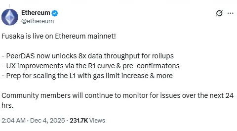 Оновлення Fusaka в Ethereum спрямоване на забезпечення «миттєвого» користувацького досвіду та зниження комісій на Layer 2