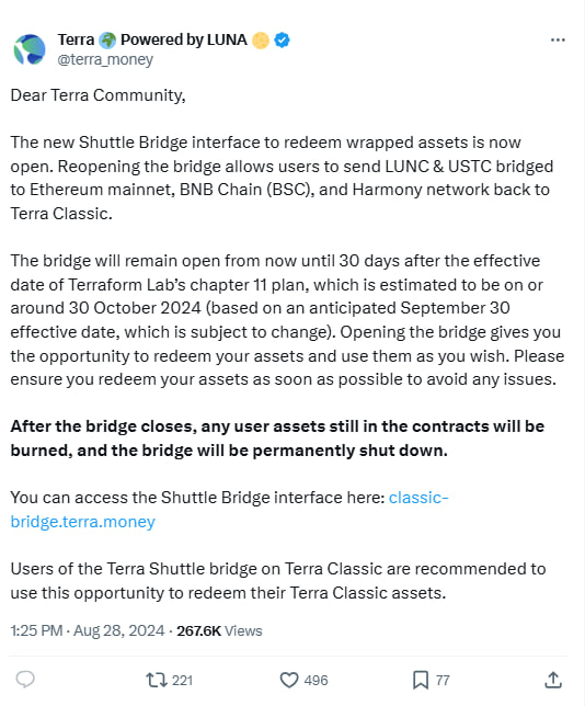 Терра закрывает шаттл-мост навсегда, неиспользованные токены сожжены image 1