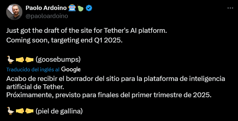 Tether lanzará una plataforma de Inteligencia Artificial en el 2025 image 1