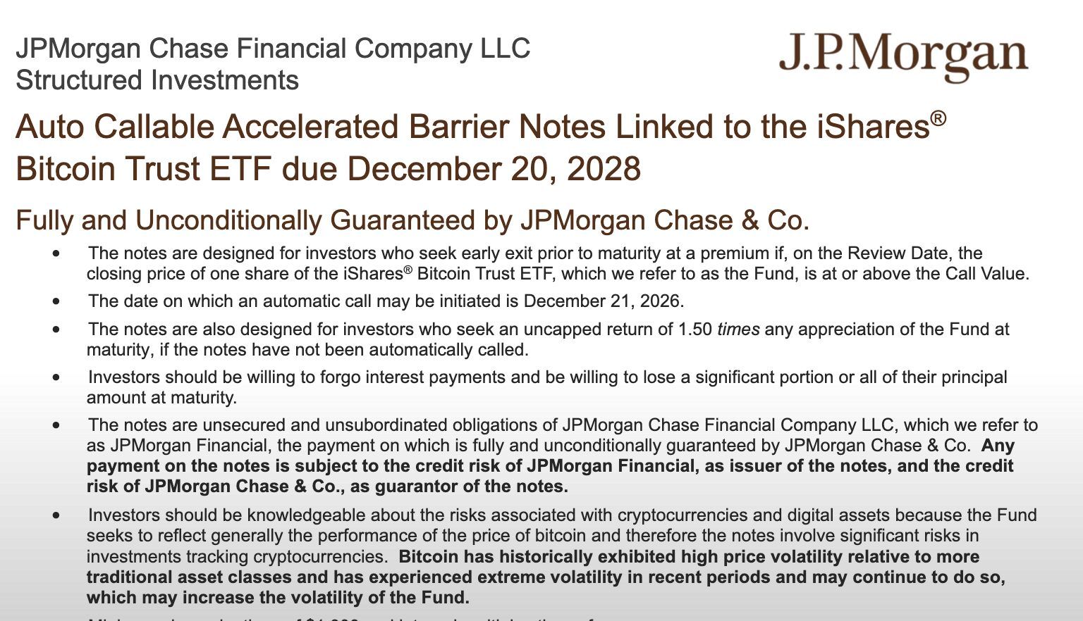 JPMorgan Offers Capped Upside Notes Tied to Bitcoin ETF Performance image 0