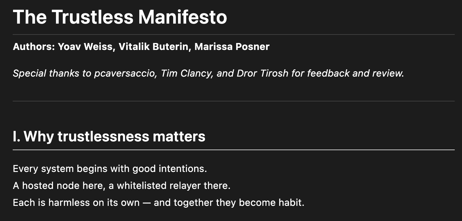 Vitalik Buterin impulsa el “Manifiesto Trustless” para reforzar el ethos de descentralización de Ethereum image 0