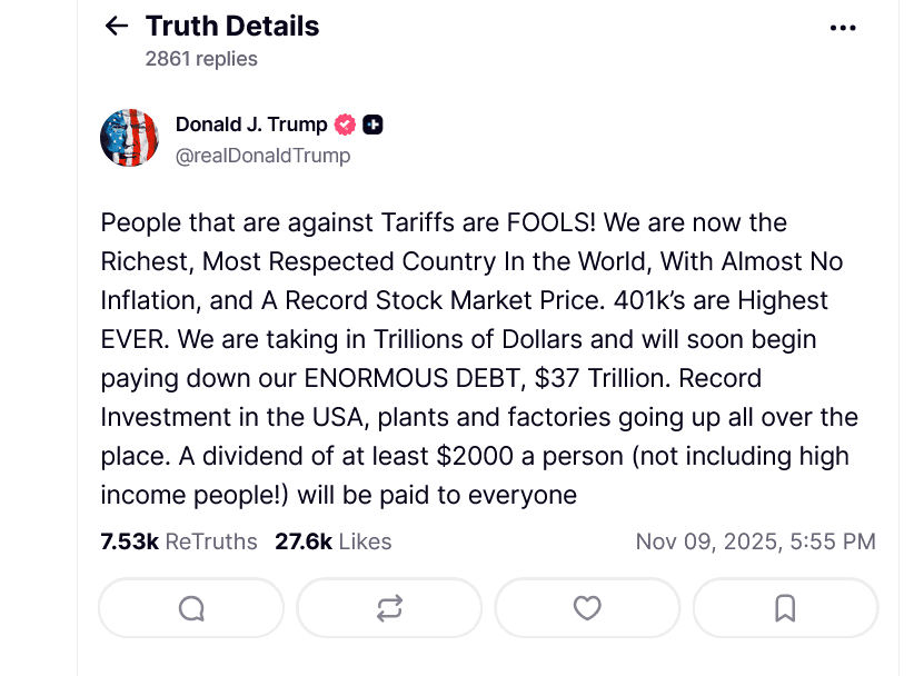 TRUMP-Token schießt hoch nach Trumps 2.000-$-Dividenden-Plan image 0