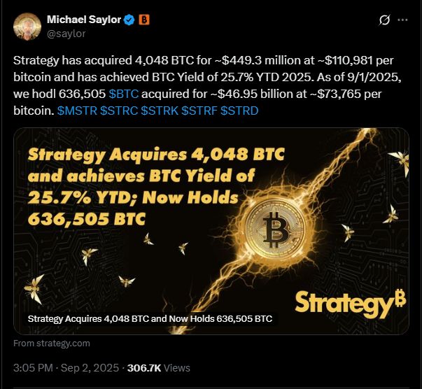 Стратегия “Покупай дип”: 4 048 BTC добавлено по мере того, как цена опускается до $108K image 0