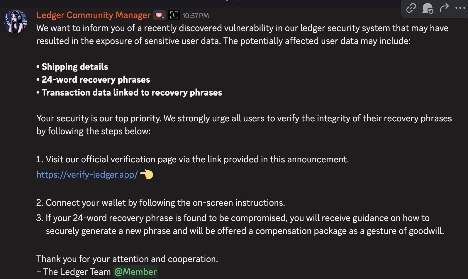 Ledger Discord Hack: Scammers Try to Steal Users’ Crypto Keys image 1