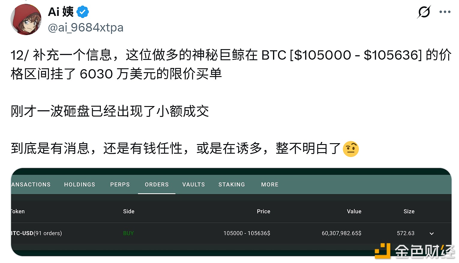 Una misteriosa balena ha piazzato un ordine di acquisto di BTC per 60,3 milioni di dollari sopra i 105.000 dollari