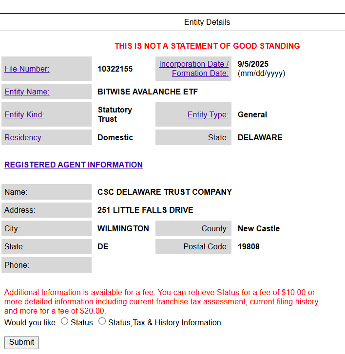 Bitwise registra un ETF de Avalanche en Delaware image 0