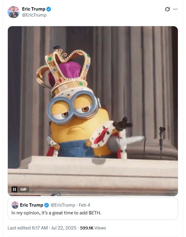 Eric Trump takes victory lap 5 months after telling everyone to buy ETH image 0