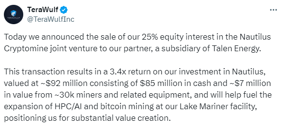 TeraWulf Sells 25% Stake in BTC Mining Facility for $92M image 0