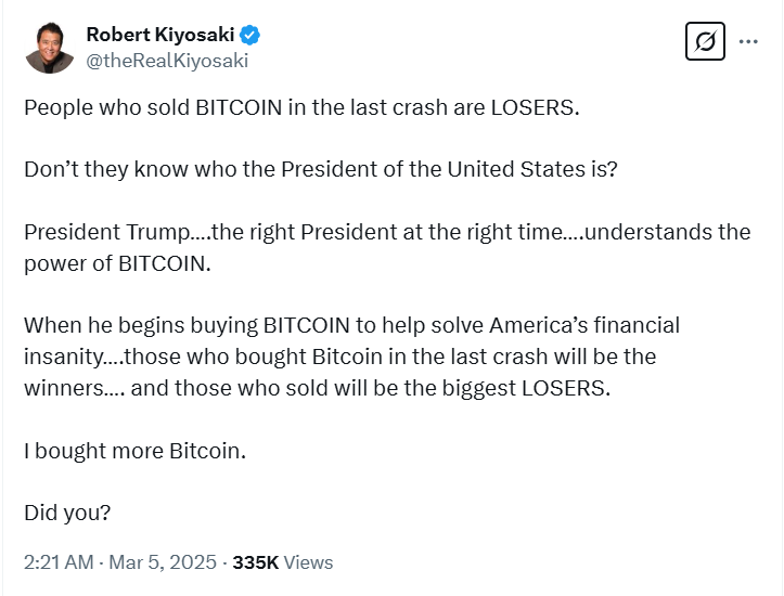 Robert Kiyosaki Buys More Bitcoin, Calls Sellers ‘Losers’ – Trump Factor in Play image 0