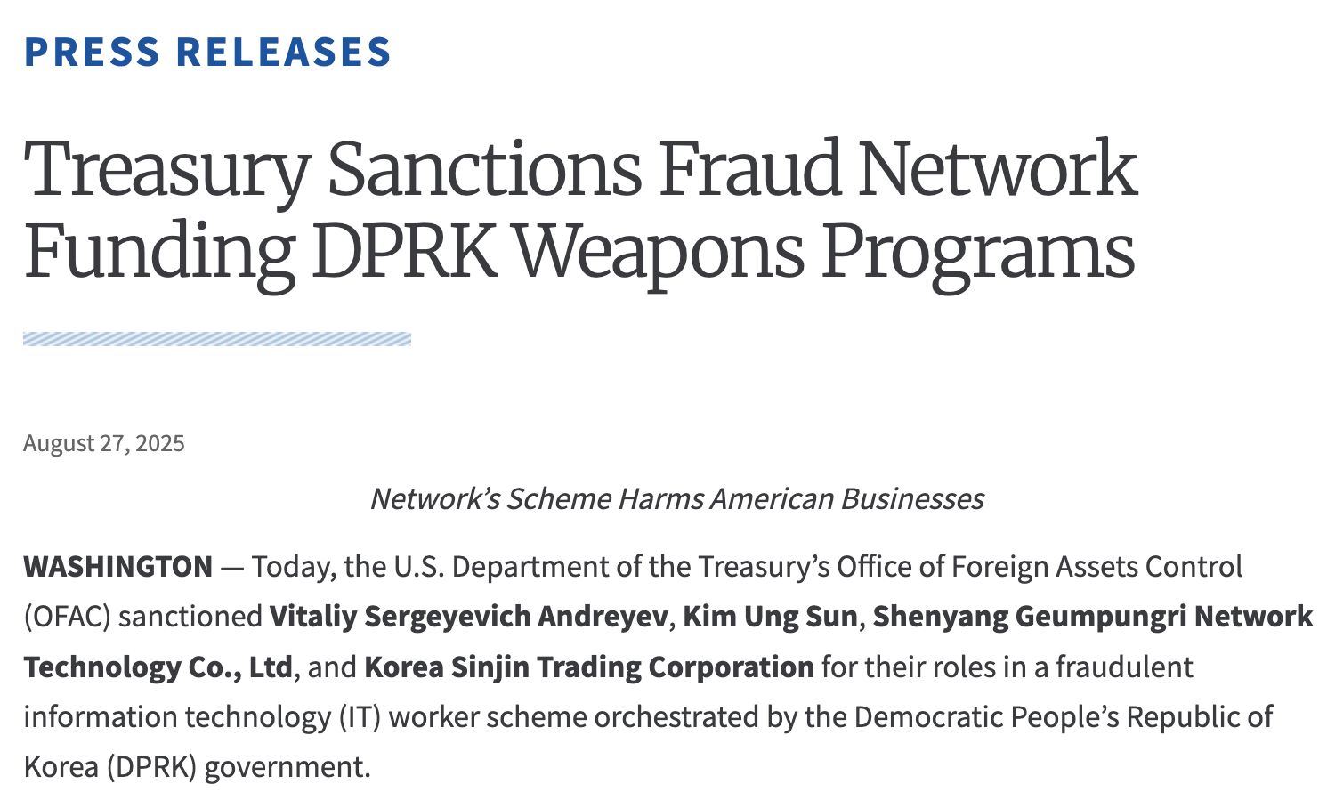 US Sanctions Russian, North Korean Nationals and Firms Over Crypto Theft Funding Weapons Program image 0