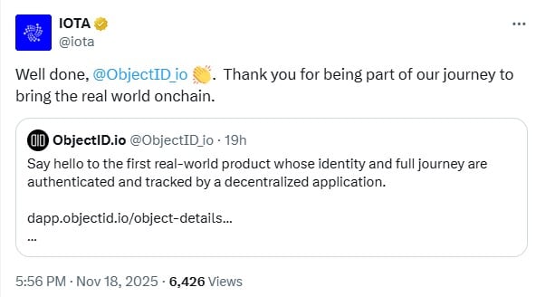 IOTA Advances Real-World Adoption as ObjectID Launches Onchain-Verified Product