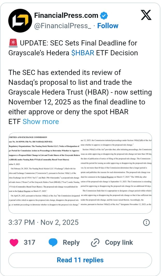 SEC’s Nov. 12 Deadline Could Approve Grayscale’s First U.S. Spot HBAR ETF image 0