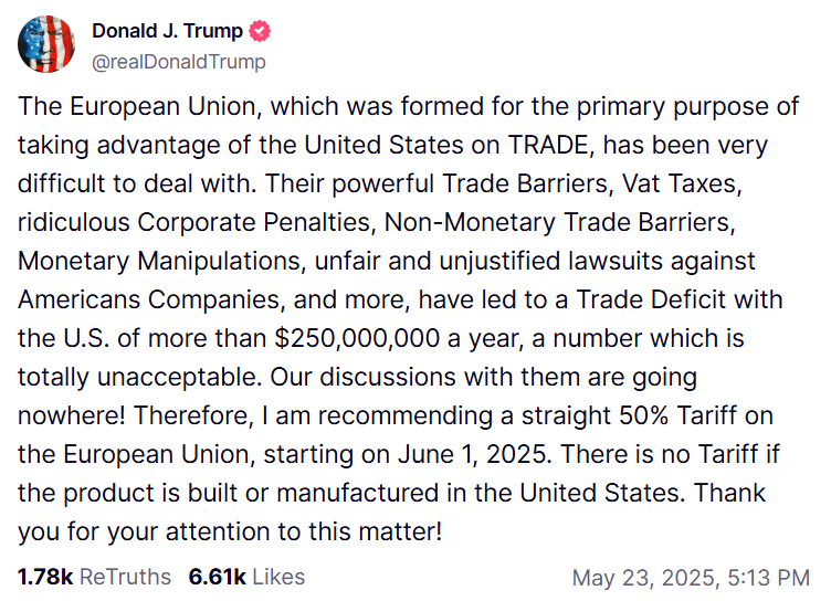 Trump’s 50% Tariff Proposal on European Union Shook Crypto Markets image 1