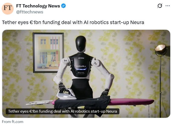 Tether mulls $1.15B deal with AI robotics startup Neura: Report