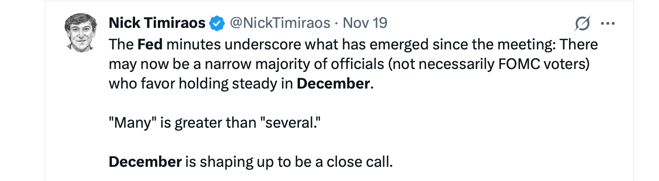 CME Futures и рынки ставок сходятся во мнении о возможном снижении ставки Федеральным резервом на четверть пункта в декабре image 1