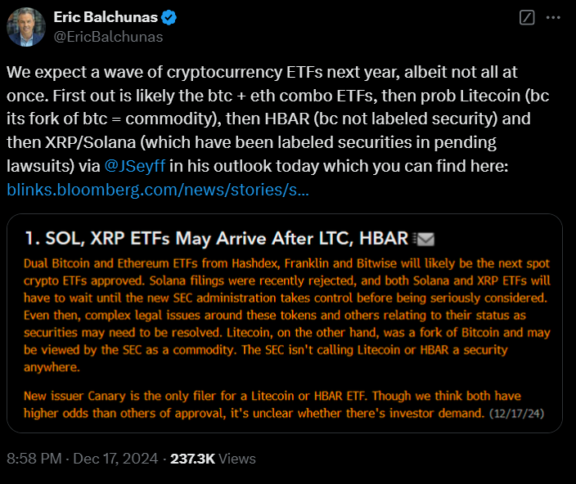 “We expect a wave of Crypto ETFs Next Year” — Eric Balchunas image 1