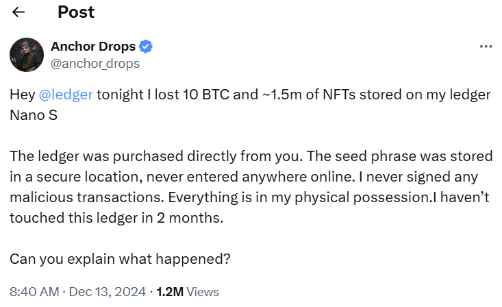 Ledger faces scrutiny after user claims $2.5M in Bitcoin, NFTs stolen image 3