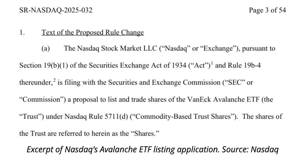 納斯達克股票交易所向美國證券交易委員會申請上市 Avalanche ETF image 1