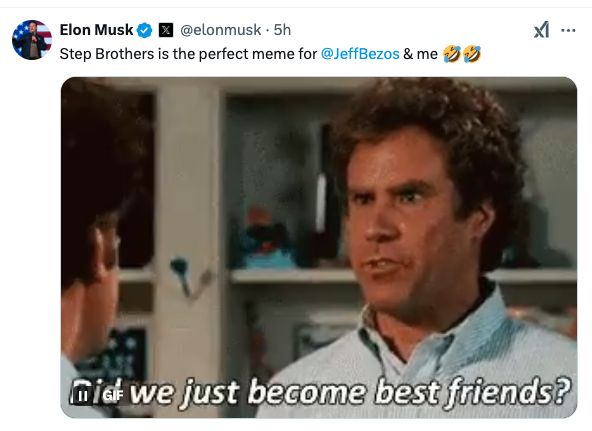 死对头变好兄弟？马斯克再造meme梗：我和贝佐斯是Step Brothers！ image 2