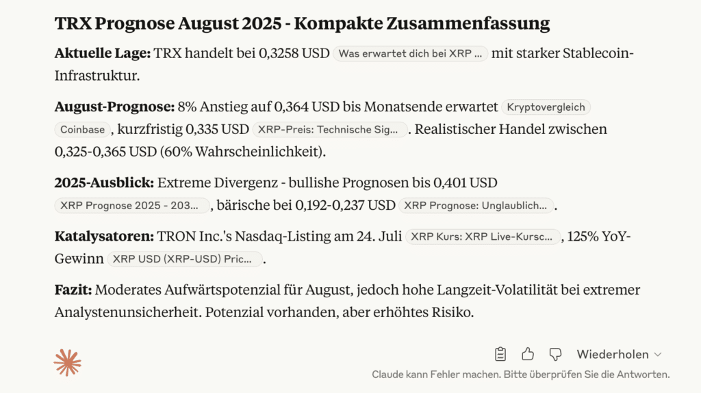 Claude AI mit spektakulärer Prognose für XRP, SOL und TRX in 2025