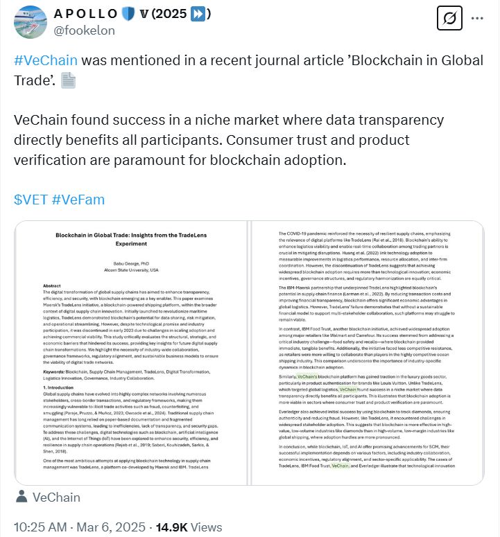 VeChain reconnu dans un journal académique pour avoir révolutionné le commerce mondial grâce à la technologie blockchain