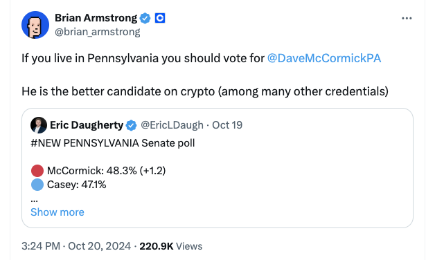 Глава Coinbase Брайан Армстронг поддерживает кандидатов в Сенат от Республиканской партии image 0