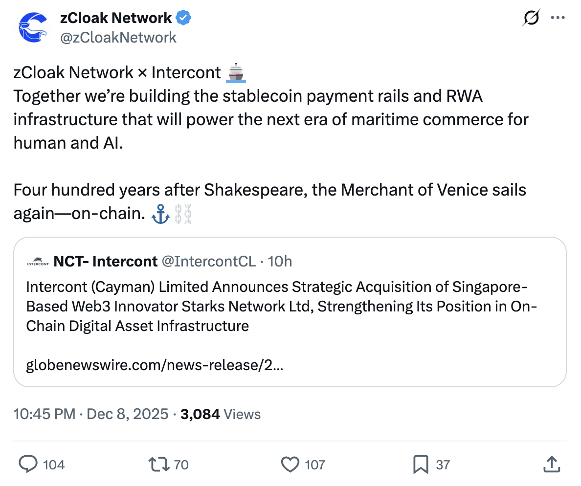 La empresa que cotiza en Nasdaq, NCT, anunció la adquisición estratégica de Starks Network (zCloak) para ingresar al sector de infraestructura de activos digitales on-chain. image 5
