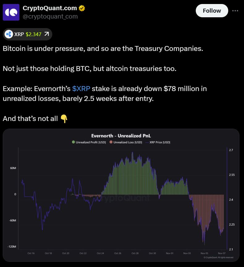 Evernorth’s unrealized XRP losses expose mounting pressure on DATs: CryptoQuant