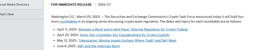 SEC Crypto Task Force to hold 4 more Roundtables in 2025