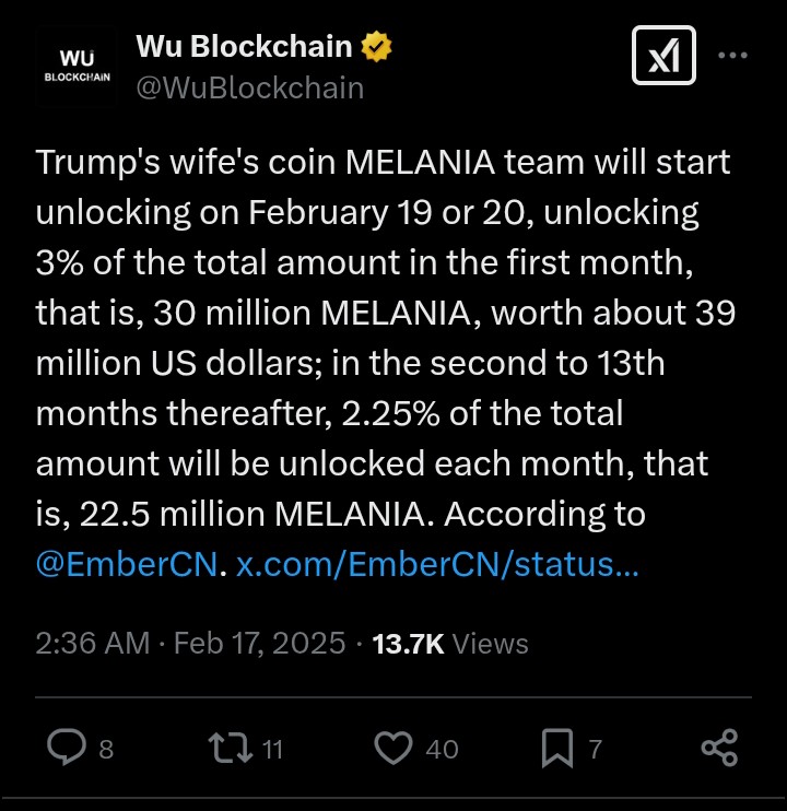 MELANIA-Memecoin Tokenfreigabe beginnt am 19. Februar image 0