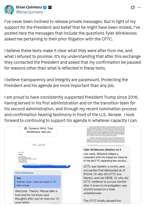 Trump yangi CFTC raisini ko‘rib chiqmoqda, Winklevoss bosimi Brian Quintenz’ni to‘xtatdi image 1