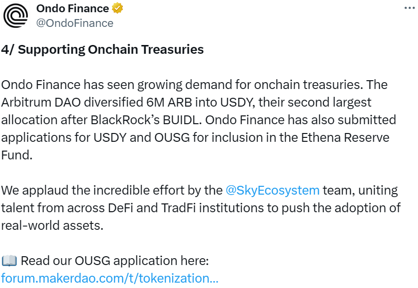 Web3 早报：Ondo Finance 联合贝莱德向 Sky 提议引入前者的美国国债基金 OUSG、谷歌云与 Solana Labs 合作推出 GameShift、Celestia Foundation 宣布完成 1 亿美元融资，Bain Capital Crypto 领投 image 0