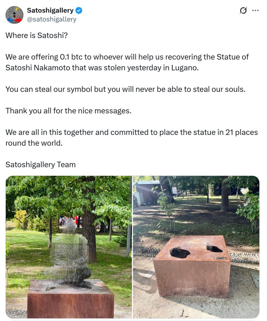 Bitcoin Statue Theft in Lugano Prompts 0.1 BTC Reward as Recovery Efforts Continue image 0