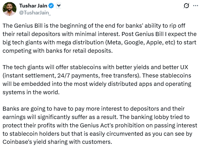 GENIUS Act could mark the end of the banking rip-off: Multicoin exec