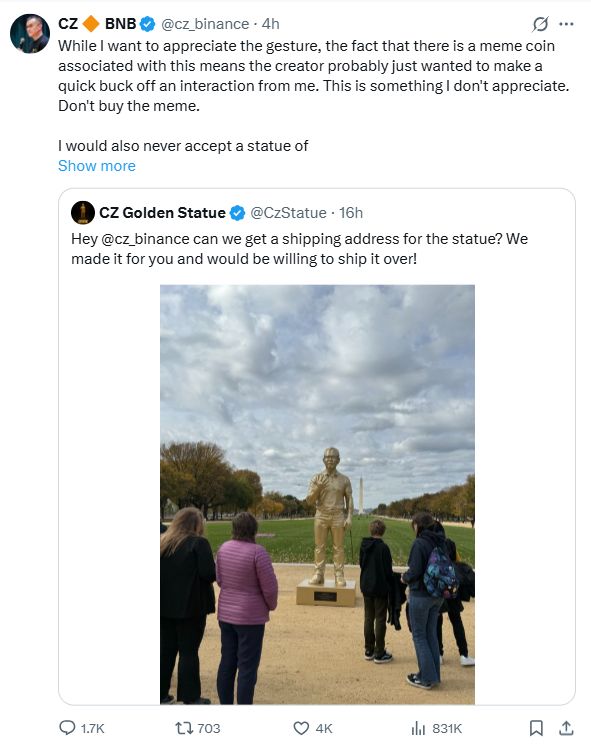 CZ отказывается от подарка в виде золотой статуэтки, связанного с мемом image 0