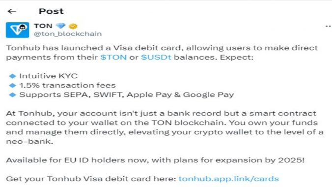 Криптокошелек Tonhub запустил криптокарту Visa для ЕС image 0