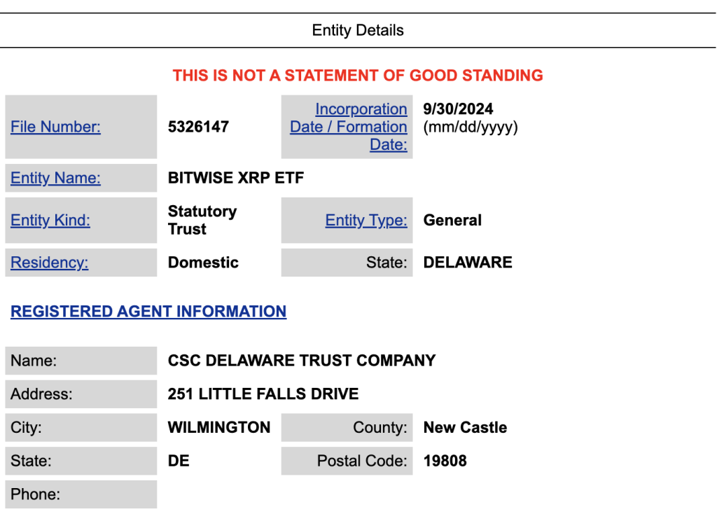 Asset Manager Bitwise Registers XRP ETF Trust in Delaware image 1