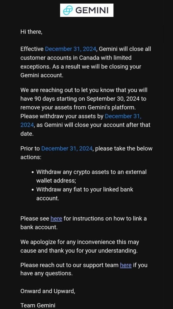 Gemini Exchange to Shut Canadian Accounts, Users Asked to Withdraw Assets Before Dec. 31 image 1