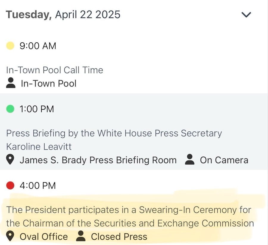 Trump asistirá a la ceremonia de juramentación del presidente de la SEC, Paul Atkins, en la Casa Blanca hoy image 0