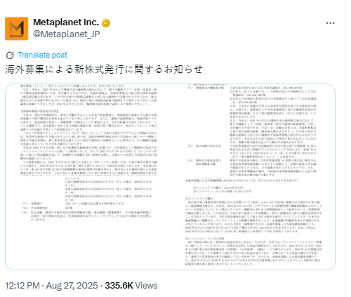 Metaplanet aprova emissão de ações no valor de US$ 880 milhões e destina US$ 835 milhões para compras de Bitcoin image 1