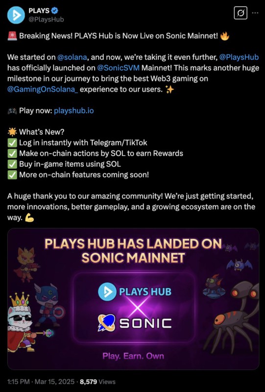 Revolusi Gaming Web3: PlaysHub Berintegrasi dengan SonicSVM Mainnet! image 0