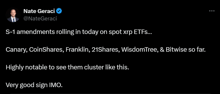 Seven Issuers’ Amended Spot XRP ETF Filings and Whale Accumulation May Signal Higher Approval Odds After Ripple-SEC Dismissal image 0