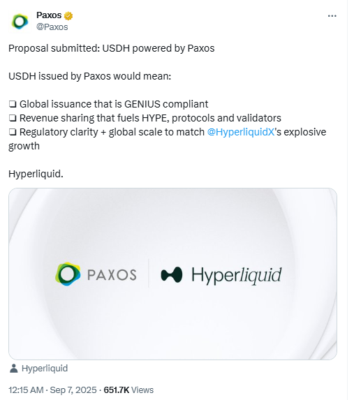 Paxos Hyperliquid uchun USDH Stablecoin taklifini HYPE qayta sotib olish bilan ishga tushirdi