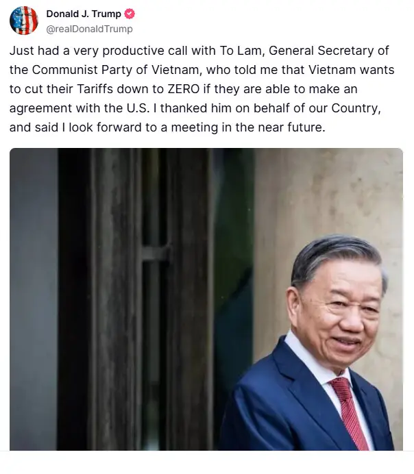 Vietnam offered zero tariffs to US on a call with Trump image 0